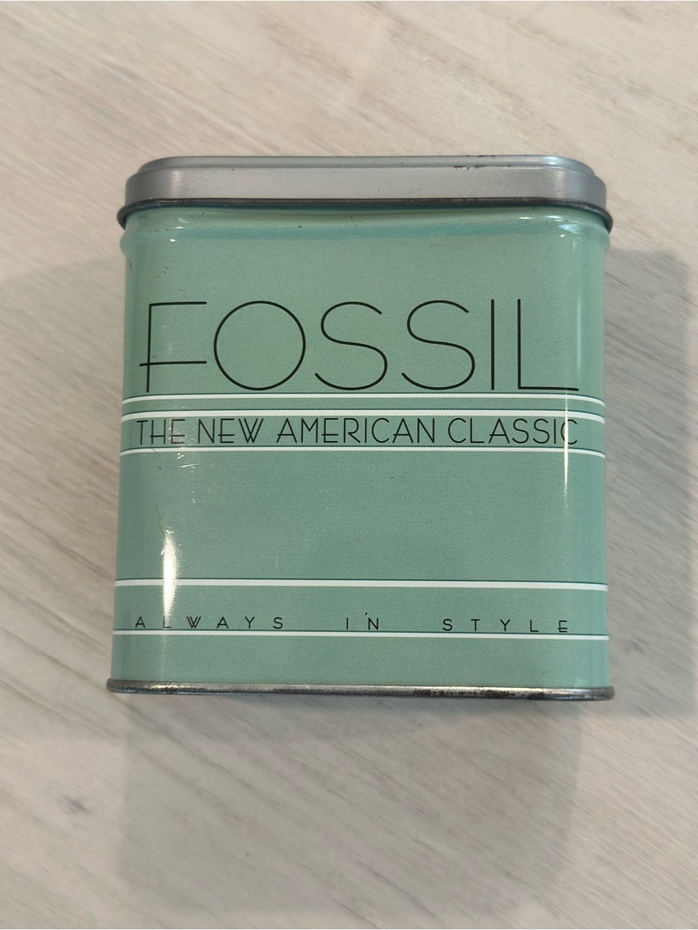 Fossil Mint Green Metal Storage Tin with Silver Lid